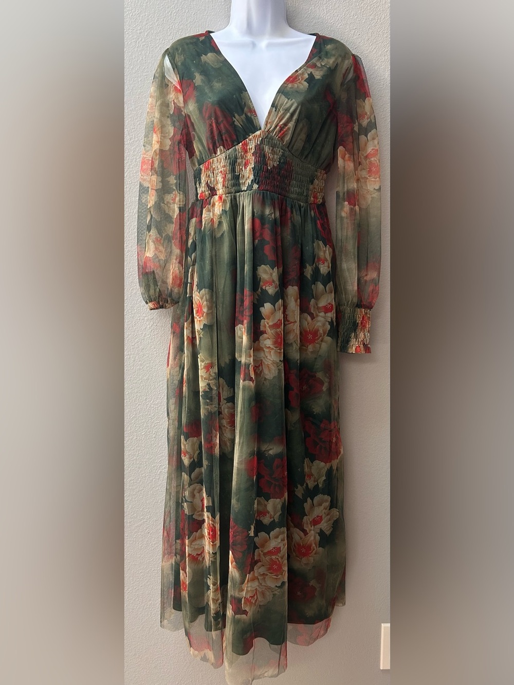 Floral Mesh Midi Dress Women’s Medium Green Red Long Sleeve Cottagecore Romantic